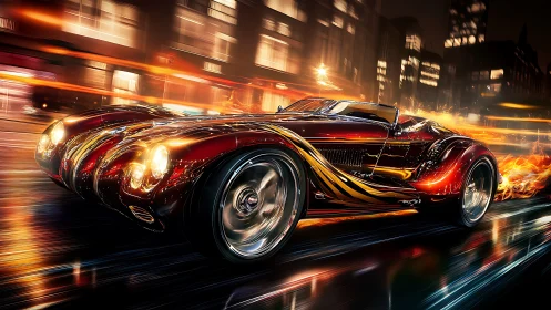 Flaming retro supercar streaks through neon city streets.