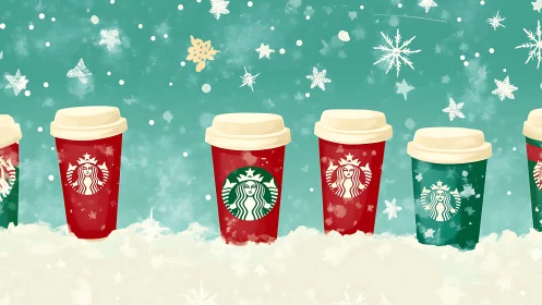 Holiday coffee cups aligned in snowy winter fantasy.