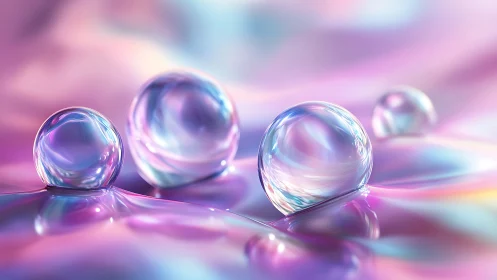 Iridescent glass spheres on pastel fluid surface.