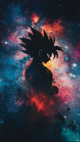 Celestial silhouette of spiked-haired warrior in nebular field.