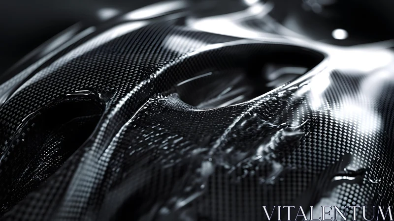 Close-up of carbon fiber texture with glossy liquid, futuristic style.
