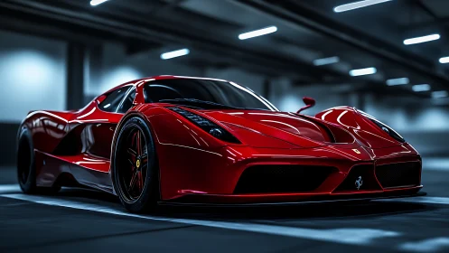 Sleek red supercar waits under moody lights in a parking garage