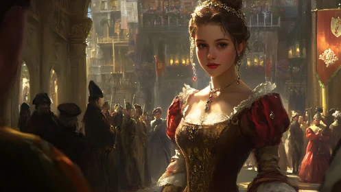 Candlelit noblewoman warmly greets guests in a grand hall