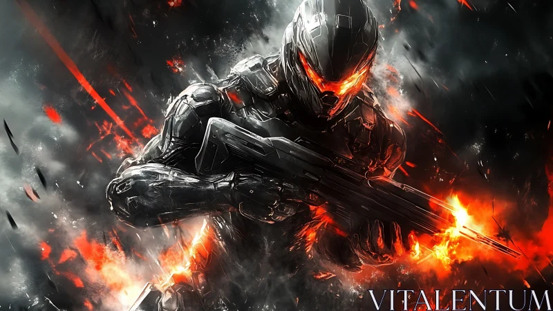 Armored sci fi soldier fires rifle through explosive flames