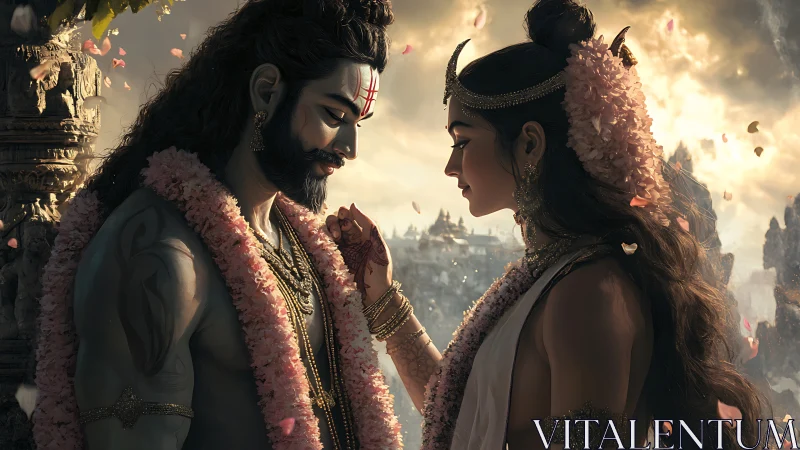 Divine couple shares a serene vow beneath a glowing sky