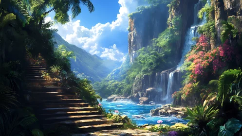 Lush tropical waterfall valley with sunlit stone stairway.