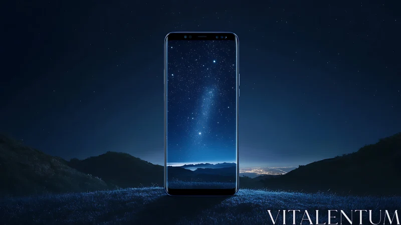 Smartphone display merges starry night sky and landscape.