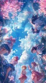 Anime schoolgirls gather under dreamy cherry blossoms sky.