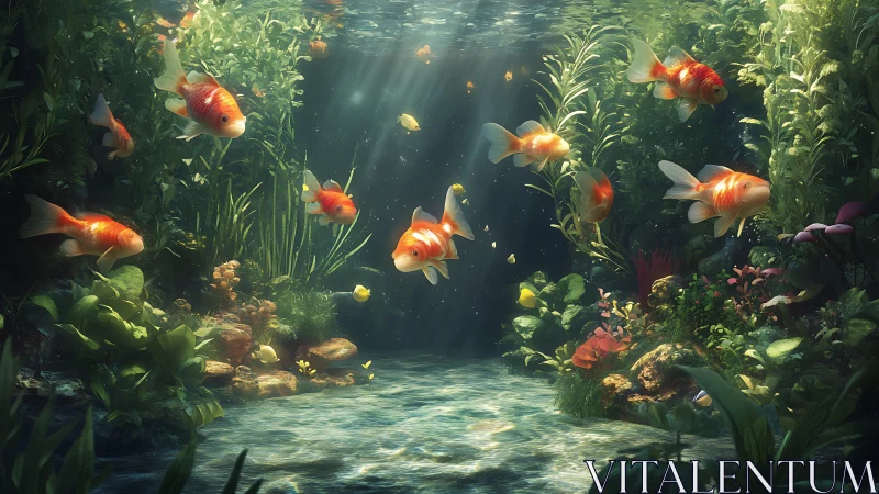 Volumetric-lit koi shoal in densely rendered aquatic biome.