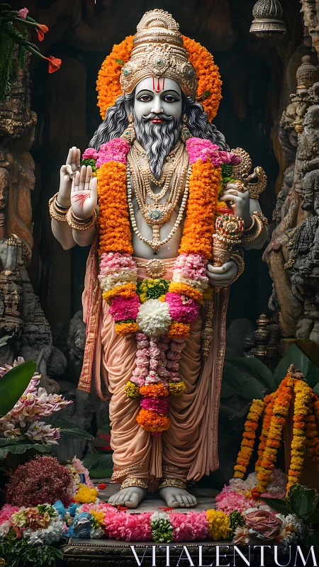 Ornate Hindu deity statue draped in vivid floral garlands.
