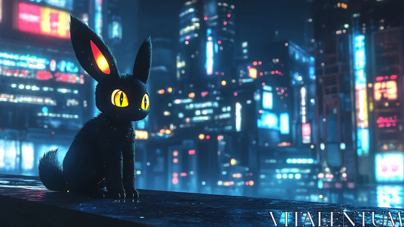 Black neon-eyed creature on wet rooftop in cyber city.