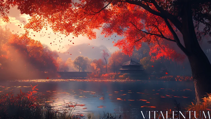 Gentle lakeside retreat beneath glowing autumn maple trees.