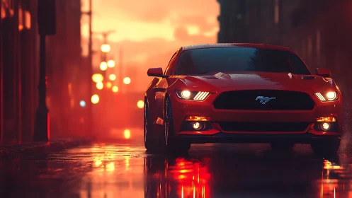 Red sports coupe on wet city street at dusk in rain-soaked light.