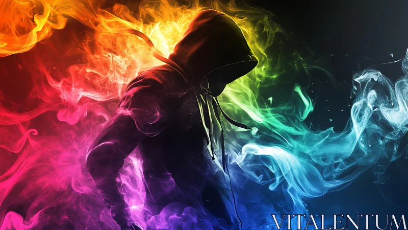 Hooded figure ignites in swirling neon rainbow smoke energy
