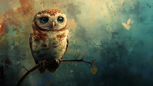 Whimsical owl with big blue eyes on branch, digital art style.