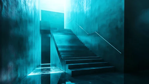 Staircase descending into luminous teal void.
