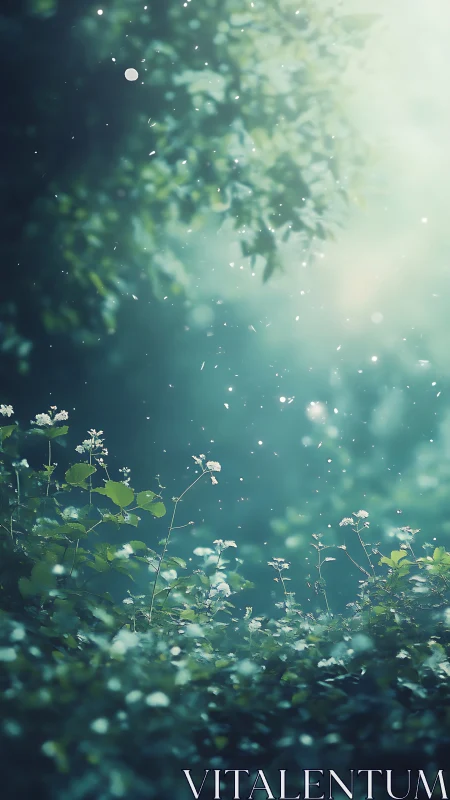 Luminous botanical scene with defocused particles and layered depth.