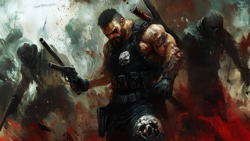 Battle-hardened vigilante storms through blood-soaked horde.