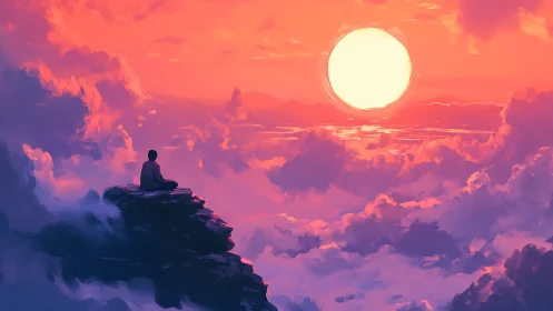 Solitary figure meditating above clouds under radiant sunset