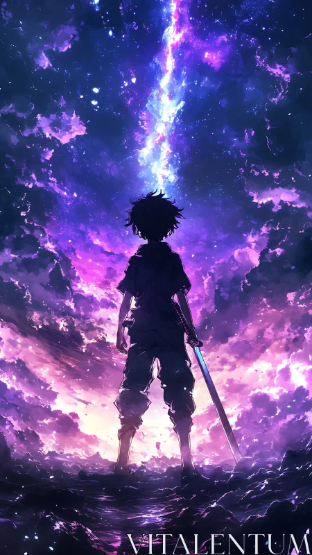 Stargazing swordsman beneath a luminous galactic rift.