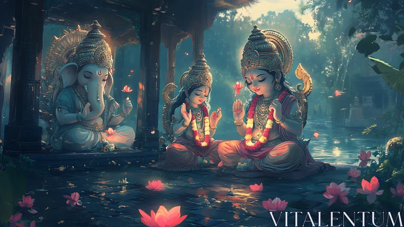Divine child deities in serene lotus temple setting.