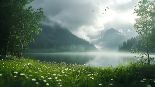 Mist-kissed mountain lake cradling a wildflower hush.