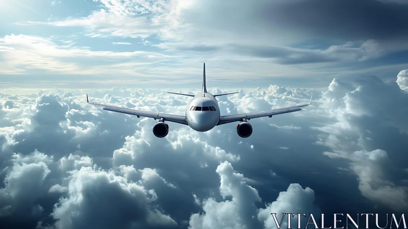 Passenger jet cruising above dramatic sunlit cloud sea.