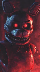 Midnight mech-rabbit with burning eyes in crimson fog.