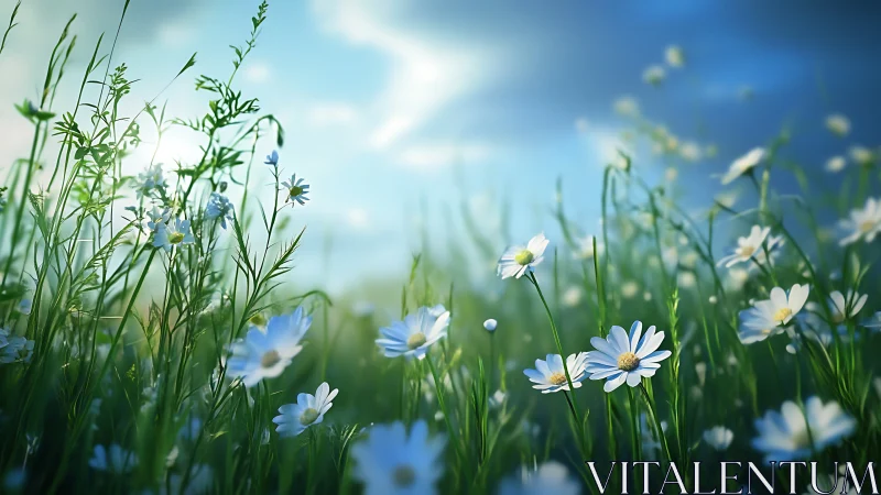 Delicate daisies blooming in verdant meadow under blue sky.
