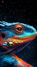 Cosmic lizard gazes through nebula dust in neon silence