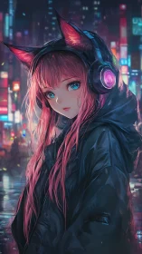 Neon city cat girl listening softly under rainy lights.