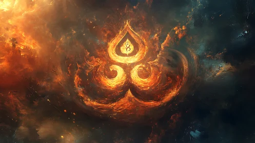 Fiery luminous sigil swirling in cosmic nebular turbulence