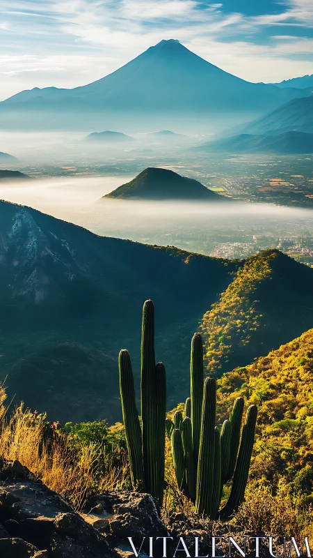 Telephoto landscape of stratovolcano and valley cacti at sunrise