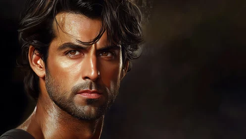 Brooding male digital portrait with dramatic side lighting.