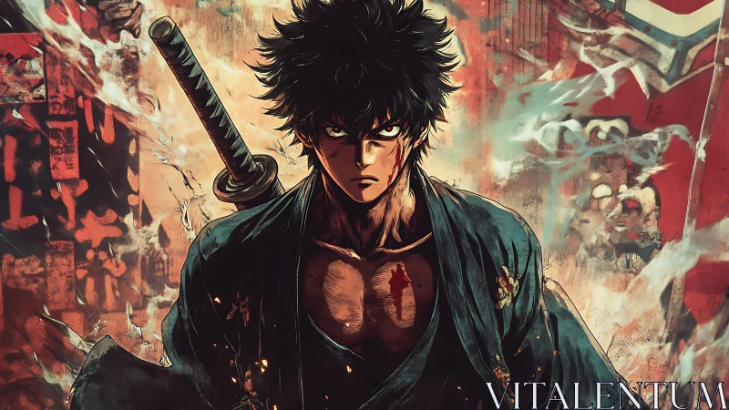 Battle-scarred anime swordsman in smoky urban chaos.
