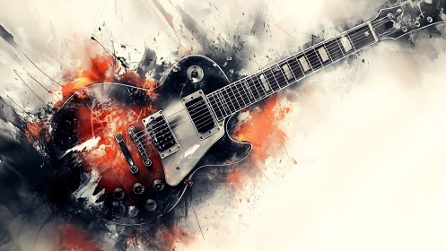 Electric guitar with burst finish in dynamic paint explosion