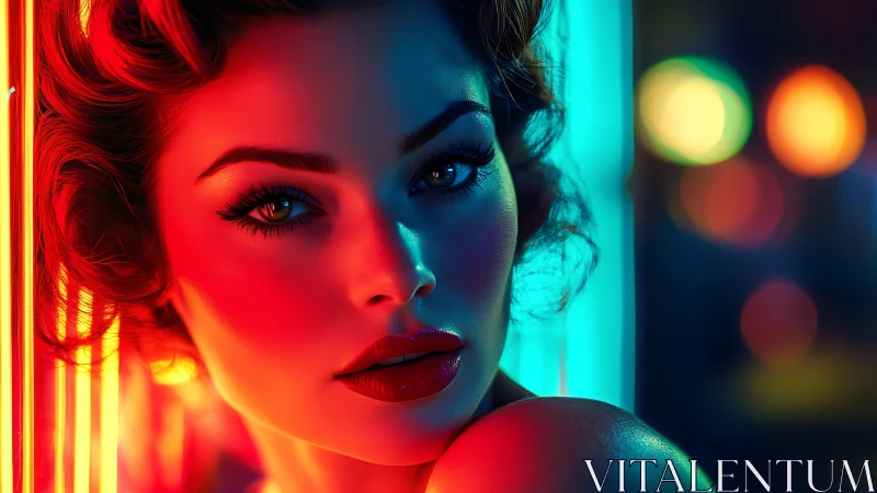 Neon siren gazes through electric twilight and color haze.