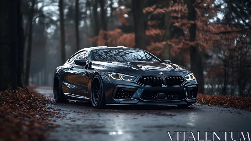 Black BMW sports coupe on wet forest road in autumn.