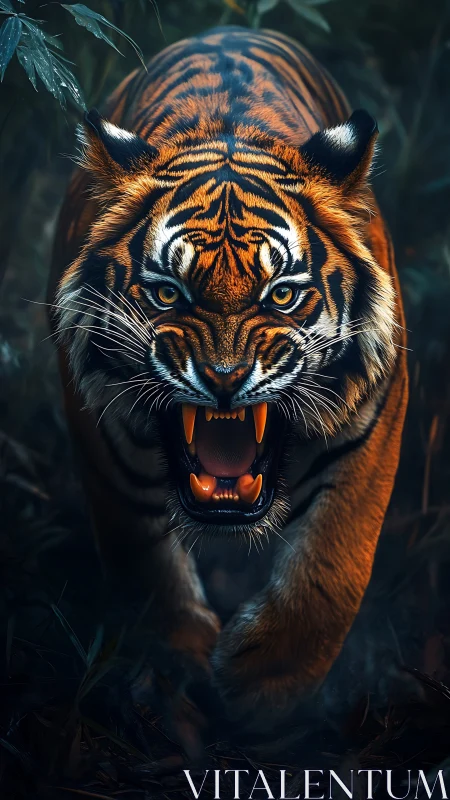 Predatory tiger charge in dense, low‑key jungle lighting.