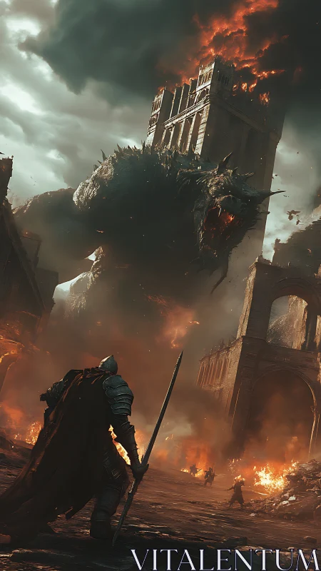 Knight defies colossal dragon amid burning towered citadel.
