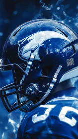 Electric blue football helmet in dramatic smoke glow.