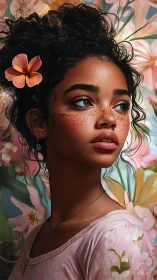 Soft freckled muse framed by dreamy painted blossoms.