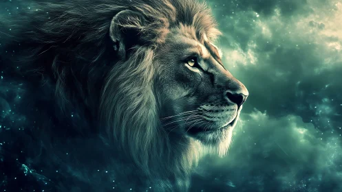 Majestic cosmic lion gazes into a swirling teal galaxy.