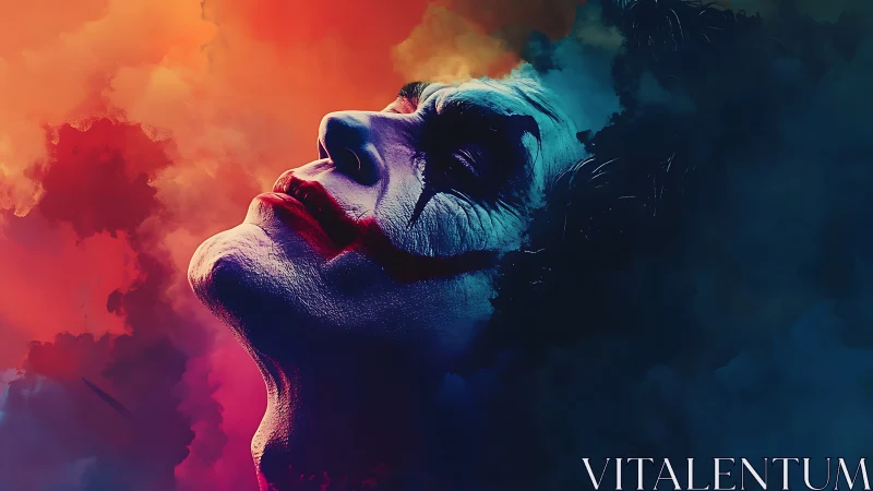 Cinematic clown profile in dual-tone atmospheric smoke field