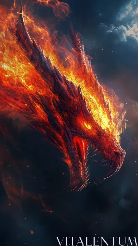 Flaming dragon head emerges from dark, smoke-filled background