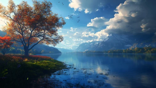 Mountain lake shoreline with autumn trees under clouds.