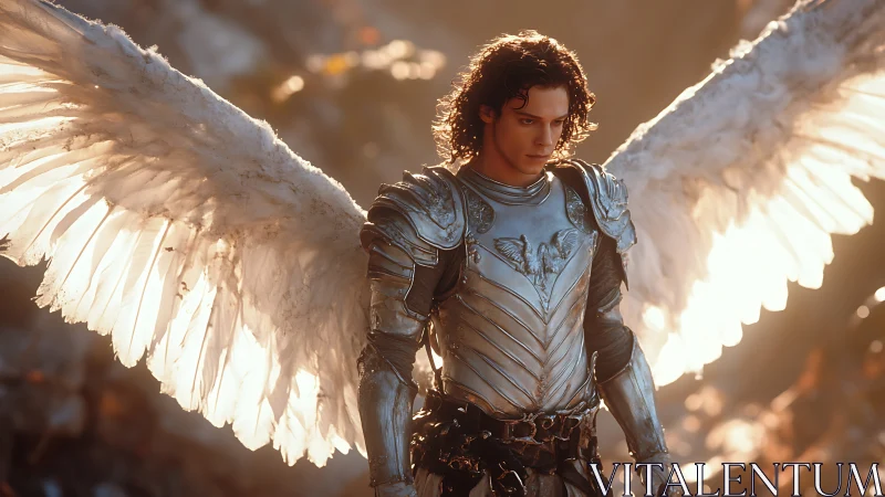 Winged angelic knight in silver plate armor under warm light.