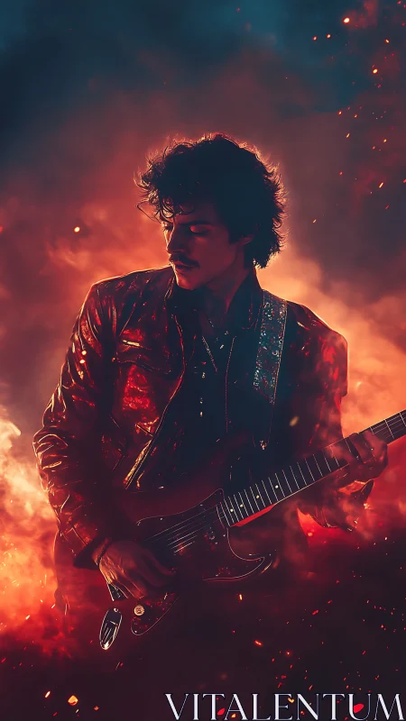 Electric guitarist in red jacket amid dense smoke and sparks.