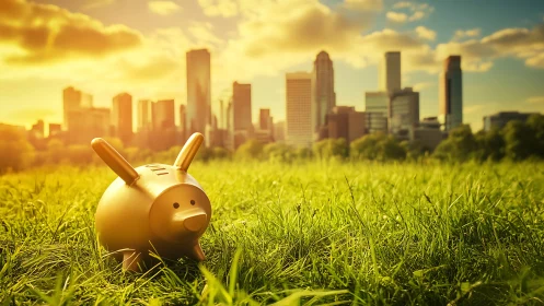 Photorealistic golden piggy bank in sunlit urban meadow scene.