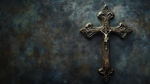 Graceful ornate crucifix rests against a weathered wall